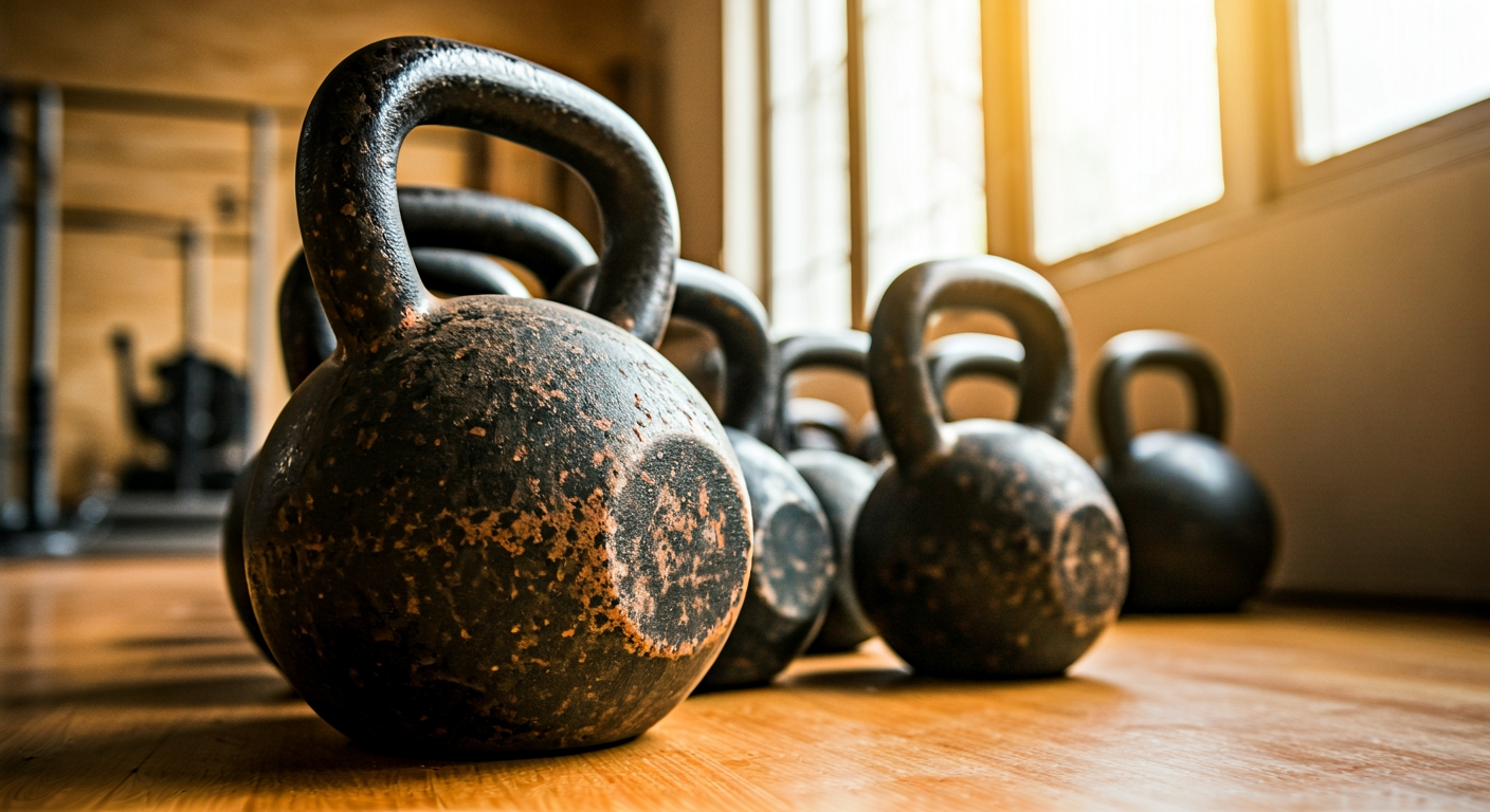 close-up of well-worn kettlebells stacked on a wooden floor in a small gym, soft window light