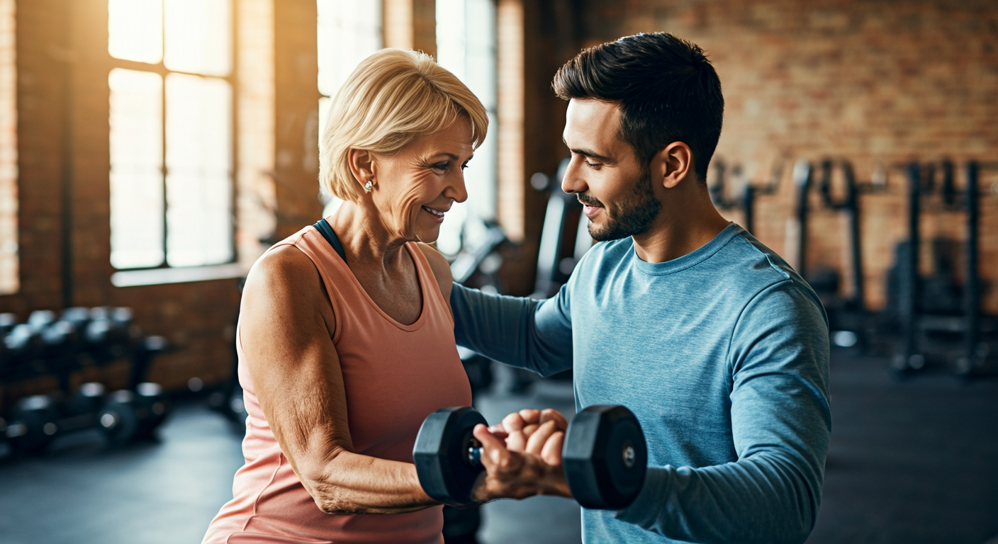 personal trainer in his thirties helping a senior woman with a dumbbell exercise, friendly encouragement